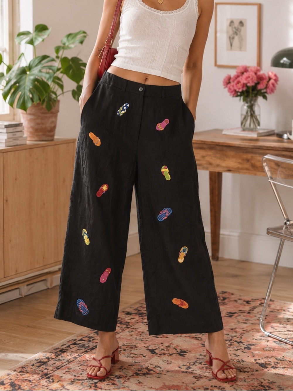 Deane and White Vintage Linen Multicolored Flip Flop Wide Leg Pants Size 8